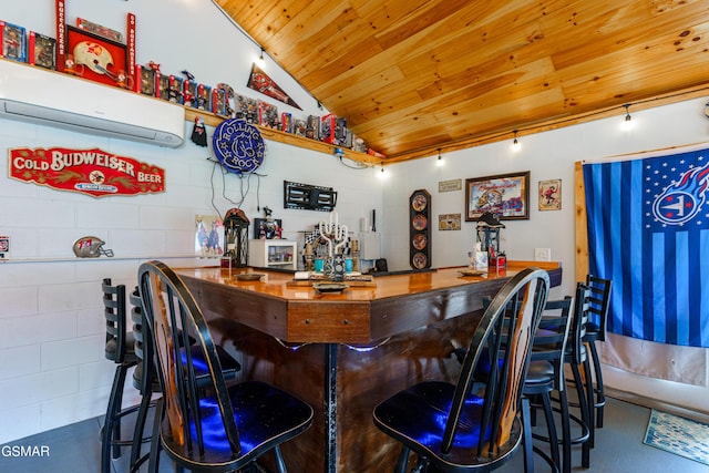 bar featuring wood ceiling and vaulted ceiling