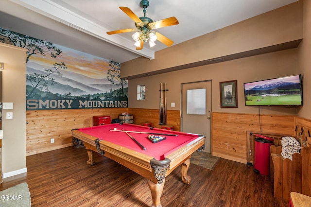 recreation room featuring hardwood / wood-style flooring, billiards, ceiling fan, beam ceiling, and wooden walls