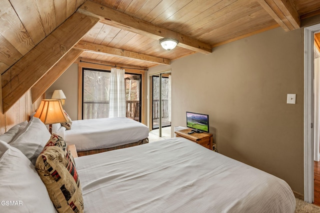 bedroom featuring access to exterior, vaulted ceiling with beams, and wooden ceiling