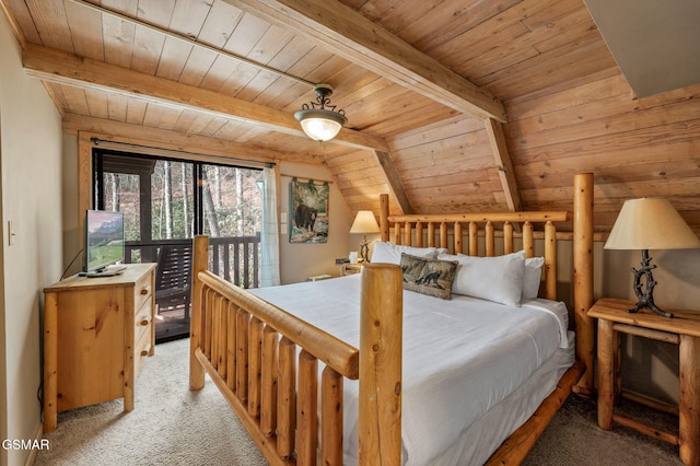 carpeted bedroom featuring lofted ceiling with beams, access to exterior, and wood ceiling