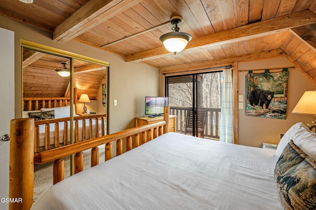 bedroom featuring beam ceiling and wood ceiling