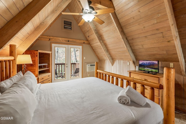 bedroom featuring wood walls, wood ceiling, vaulted ceiling with beams, access to outside, and a wall unit AC