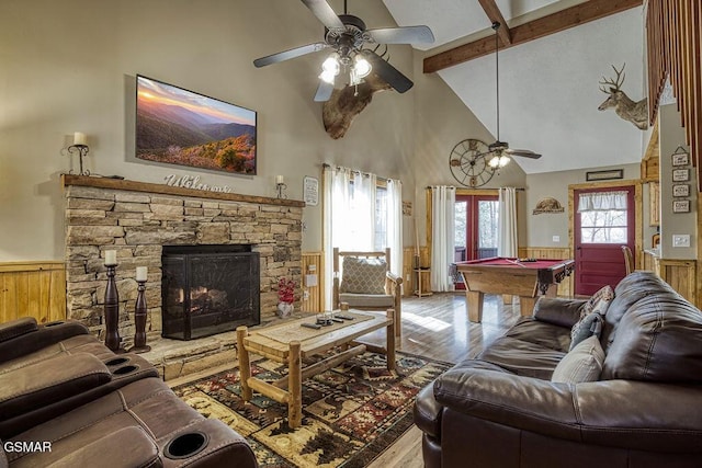 1785 Blue Ridge Rd, Sevierville, TN 37876 - living area with a ceiling fan, pool table, wainscoting, beam ceiling, and high vaulted ceiling