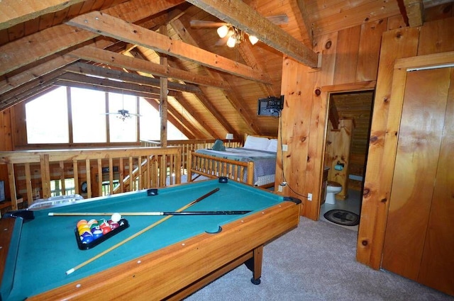 rec room with wood ceiling, carpet floors, wooden walls, billiards, and vaulted ceiling with beams