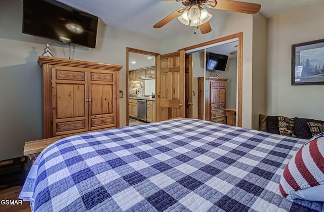 bedroom featuring ceiling fan and wood finished floors