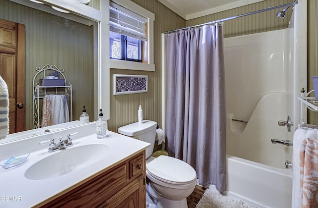 bathroom with shower / bath combo, vanity, and toilet