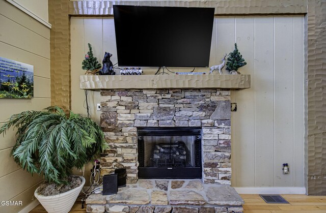 details featuring stone siding, a fireplace, and visible vents