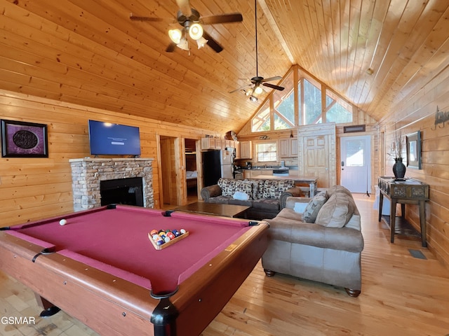 rec room featuring wood walls, a ceiling fan, light wood finished floors, and wooden ceiling
