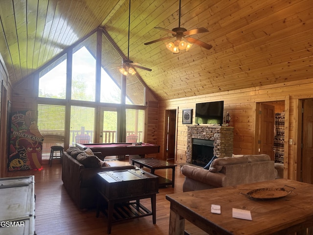 living area featuring wooden ceiling, wood walls, ceiling fan, wood-type flooring, and high vaulted ceiling