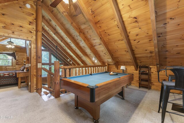 1814 Rhododendron Ln, Sevierville, TN 37876 - game room featuring ceiling fan, vaulted ceiling with beams, wood ceiling, and billiards