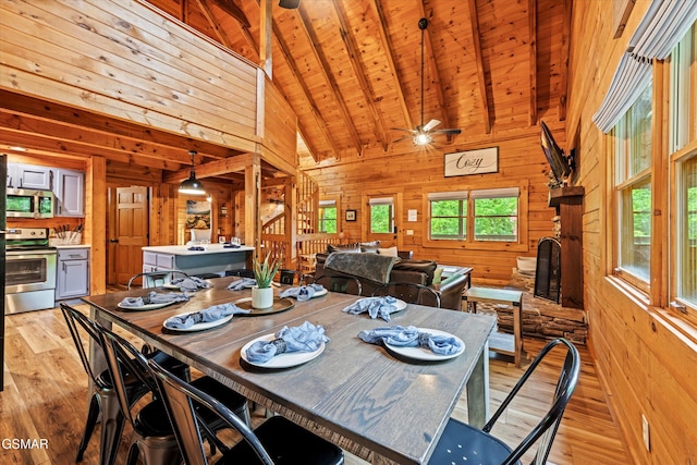 308 Brown Wren Way, Gatlinburg, TN 37738 - dining area featuring wooden walls, light wood-style flooring, a wood ceiling with exposed beams, high vaulted ceiling, and ceiling fan