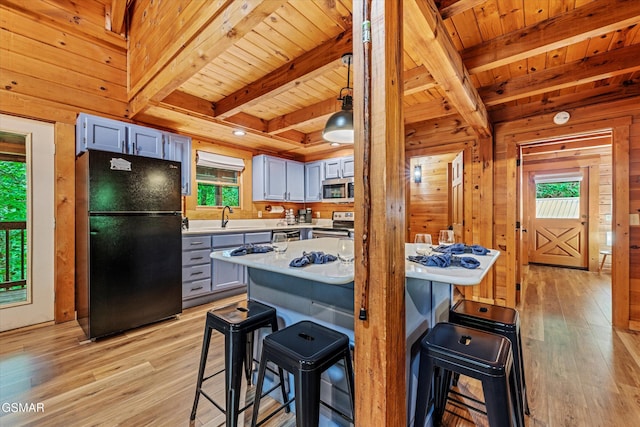 308 Brown Wren Way, Gatlinburg, TN 37738 - kitchen featuring stainless steel appliances, light wood-style floors, light countertops, a wood ceiling with exposed beams, and healthy amount of natural light