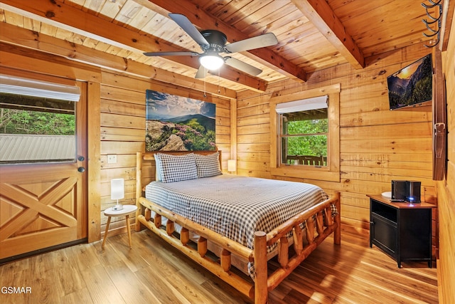 308 Brown Wren Way, Gatlinburg, TN 37738 - bedroom featuring a wooden ceiling with exposed beams, wood walls, and light wood-type flooring
