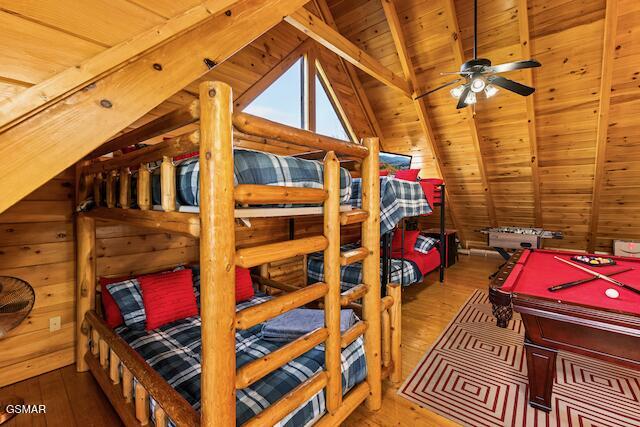 1308 Timberwolf Way, Sevierville, TN 37876 - bedroom featuring hardwood / wood-style flooring, wood ceiling, pool table, and wood walls
