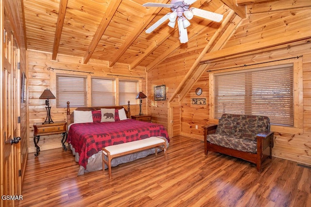 bedroom featuring ceiling fan, wooden walls, hardwood / wood-style floors, and wood ceiling