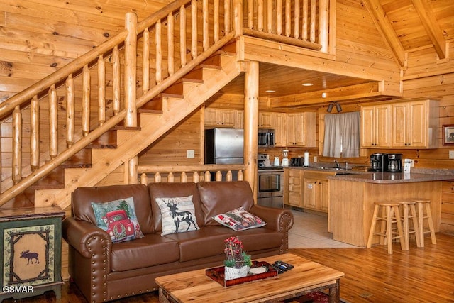 living room with beam ceiling, wood ceiling, high vaulted ceiling, and wood walls