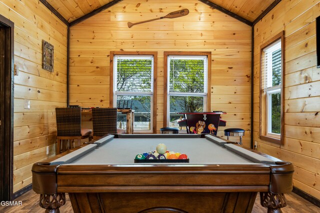 rec room featuring wooden ceiling, lofted ceiling, and pool table