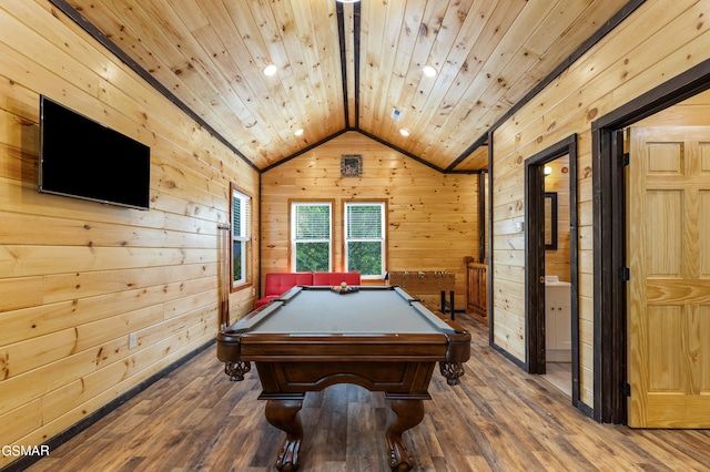 playroom featuring vaulted ceiling, wood ceiling, wood walls, and pool table