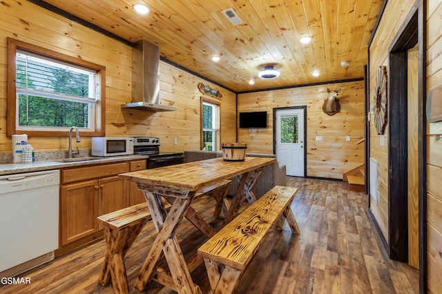 kitchen with wood ceiling, white appliances, extractor fan, sink, and wood walls