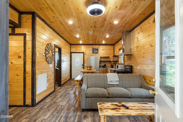 living room with wood walls, wood ceiling, and hardwood / wood-style flooring