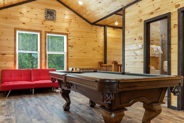 game room featuring wooden ceiling, hardwood / wood-style flooring, lofted ceiling, wooden walls, and pool table