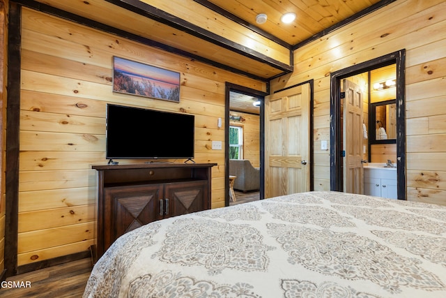 bedroom with dark hardwood / wood-style flooring, ensuite bath, wooden ceiling, and wood walls