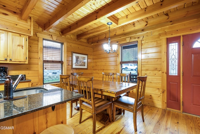 dining room with wooden ceiling, sink, beamed ceiling, a notable chandelier, and light hardwood / wood-style floors