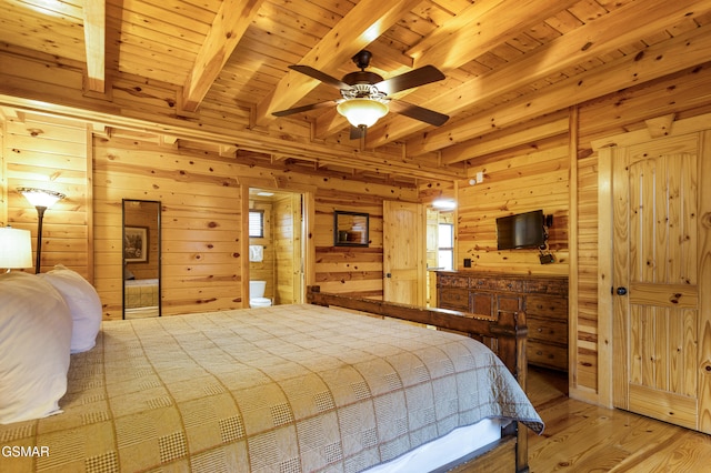 bedroom featuring hardwood / wood-style floors, wood walls, wooden ceiling, ceiling fan, and beam ceiling