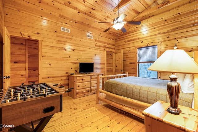 bedroom featuring wooden ceiling, wooden walls, ceiling fan, beamed ceiling, and light hardwood / wood-style floors