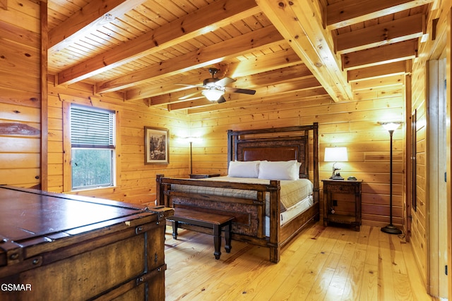 bedroom featuring beamed ceiling, wood walls, wood ceiling, and light hardwood / wood-style floors