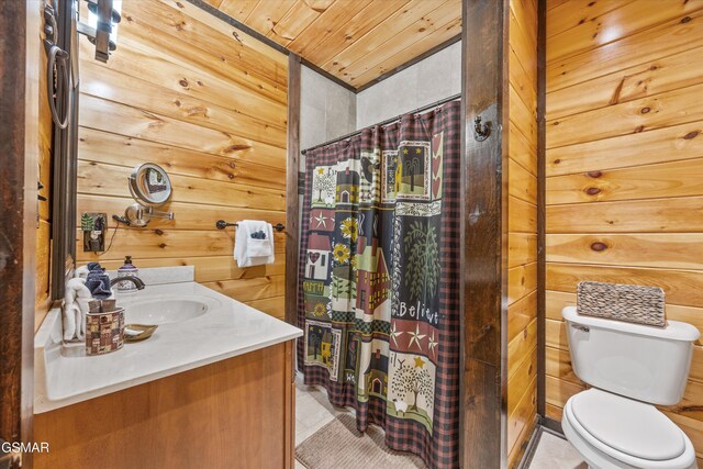 2313 Bogle Spring Loop, Sevierville, TN 37862 - full bath with vanity, a shower with curtain, wooden ceiling, and wood walls