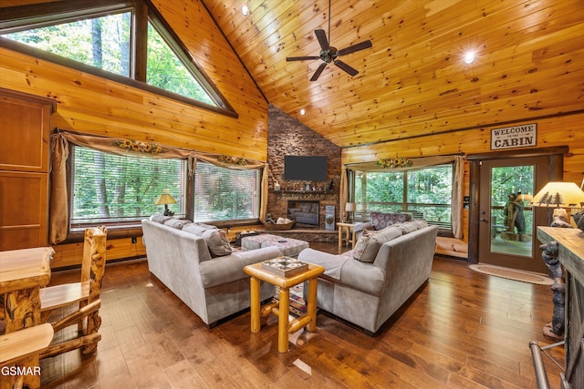 2313 Bogle Spring Loop, Sevierville, TN 37862 - living area featuring a stone fireplace, high vaulted ceiling, wooden walls, dark wood-style flooring, and a ceiling fan