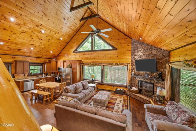 2313 Bogle Spring Loop, Sevierville, TN 37862 - living room with hardwood / wood-style floors, wooden ceiling, a stone fireplace, high vaulted ceiling, and ceiling fan