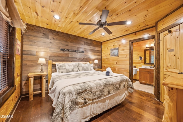 2313 Bogle Spring Loop, Sevierville, TN 37862 - bedroom featuring wooden walls, recessed lighting, wood-type flooring, wood ceiling, and ensuite bath