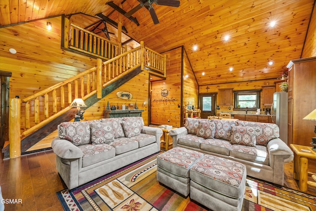 2313 Bogle Spring Loop, Sevierville, TN 37862 - living room with wooden ceiling, dark wood-style flooring, stairway, wood walls, and ceiling fan
