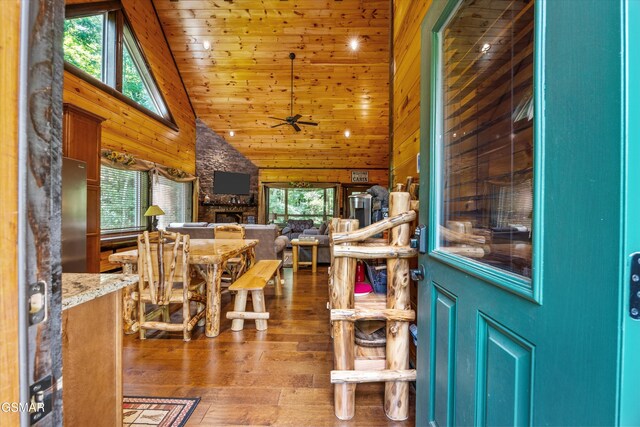 2313 Bogle Spring Loop, Sevierville, TN 37862 - entryway with a ceiling fan, wood-type flooring, high vaulted ceiling, wood walls, and a stone fireplace