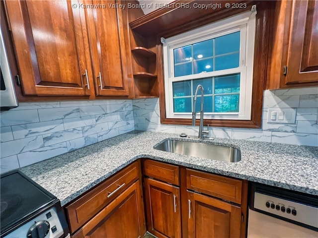 kitchen with backsplash, sink, electric range, and light stone counters