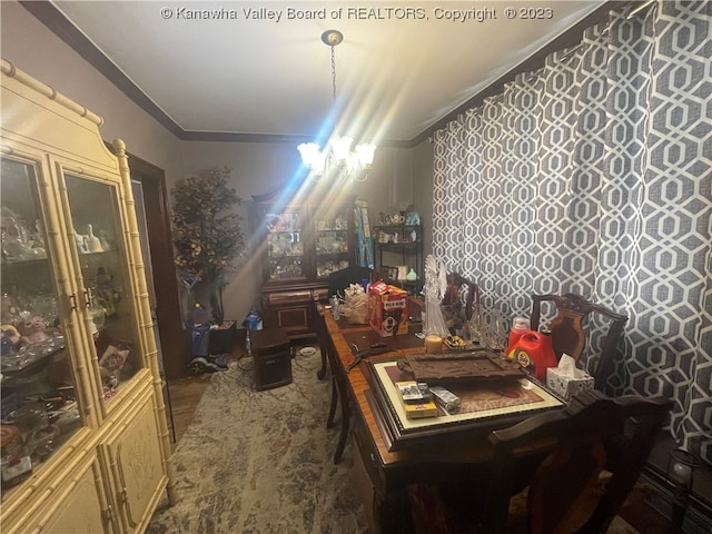 dining space featuring ornamental molding and a chandelier