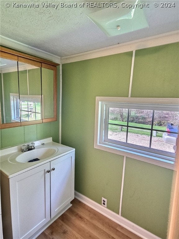 bathroom featuring a textured ceiling, hardwood / wood-style floors, and vanity