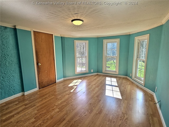 spare room featuring a textured ceiling, light wood-type flooring, and crown molding