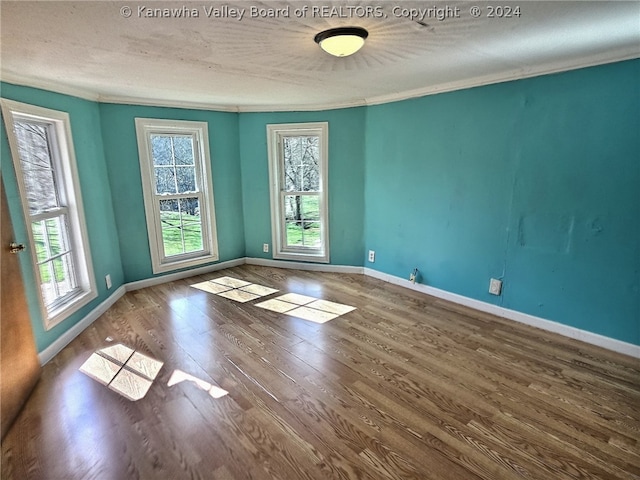 spare room with ornamental molding, dark wood-type flooring, and a textured ceiling