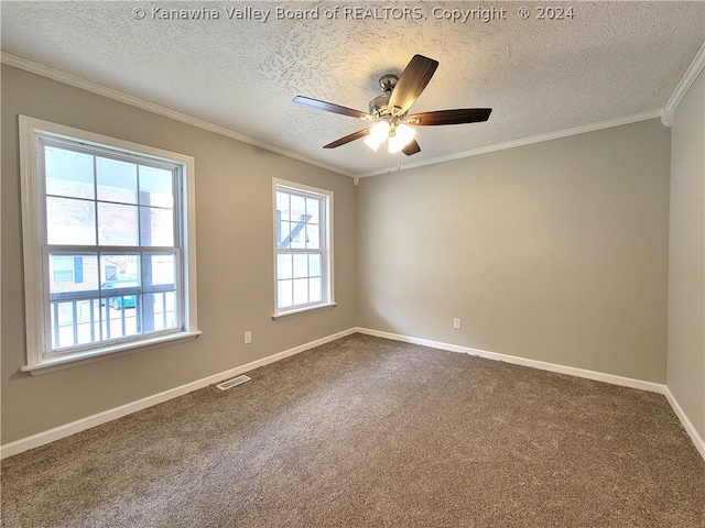 carpeted empty room with crown molding, a wealth of natural light, a textured ceiling, and ceiling fan