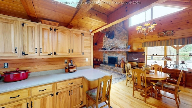 kitchen featuring wooden walls, a fireplace, and plenty of natural light