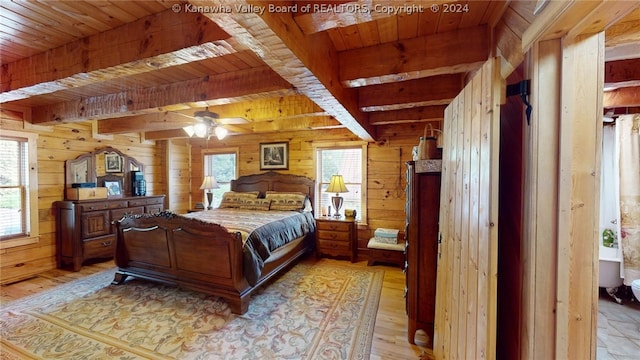 bedroom with light wood-type flooring, beam ceiling, wood walls, wood ceiling, and ceiling fan