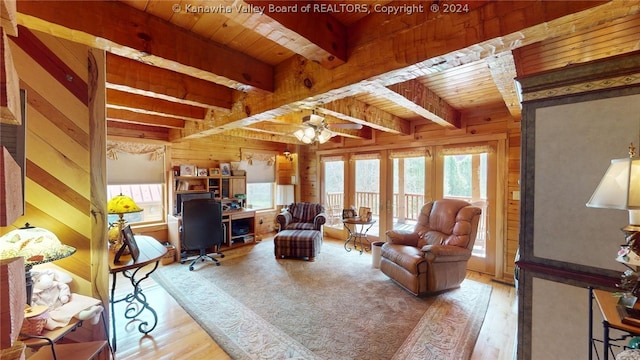 living room featuring ceiling fan, beam ceiling, wood walls, hardwood / wood-style flooring, and wooden ceiling