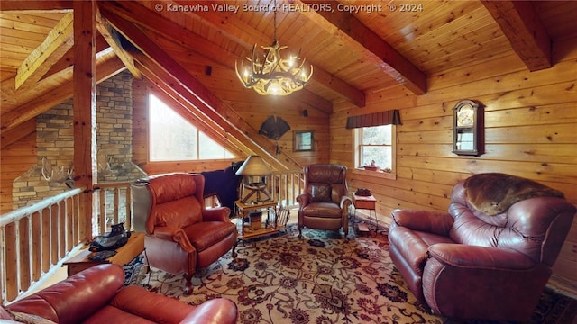 living room with plenty of natural light, vaulted ceiling with beams, and wood ceiling