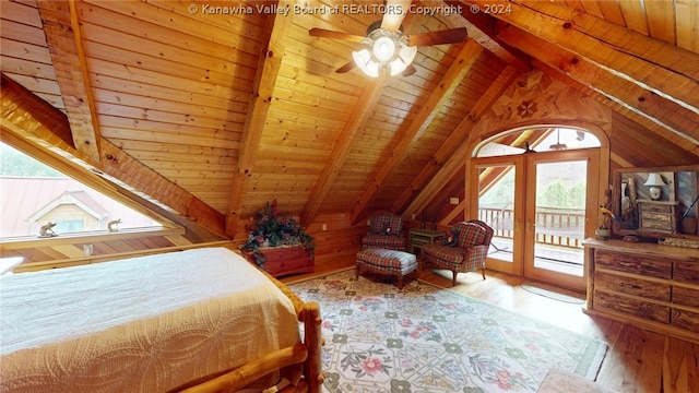 bedroom featuring wooden ceiling, vaulted ceiling with beams, wood-type flooring, and access to exterior