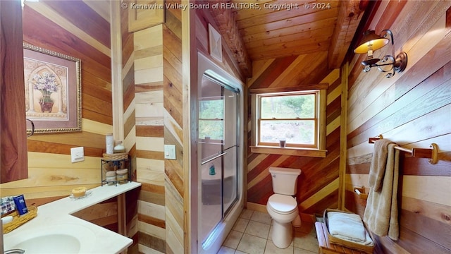 bathroom with wood walls, toilet, wooden ceiling, tile flooring, and lofted ceiling