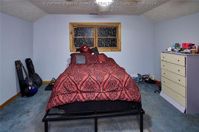 bedroom with carpet floors, vaulted ceiling, and a textured ceiling