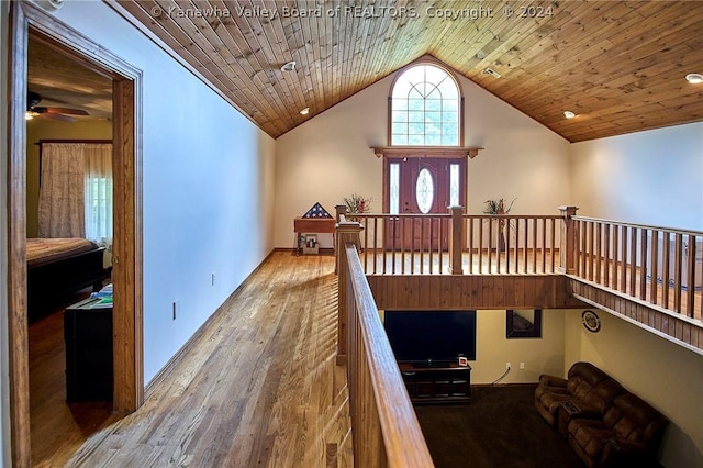 interior space with wood-type flooring, high vaulted ceiling, wooden ceiling, and ceiling fan